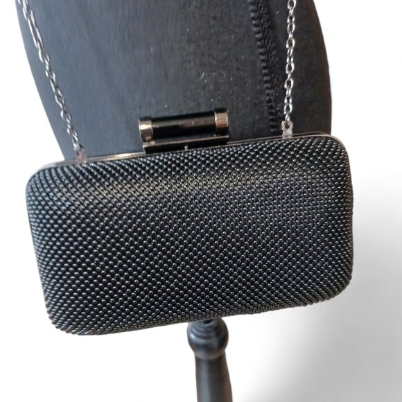 Jessica McClintock Platinum Black Mesh Beaded  Formal Evening Clutch Crossbody - Picture 9 of 10